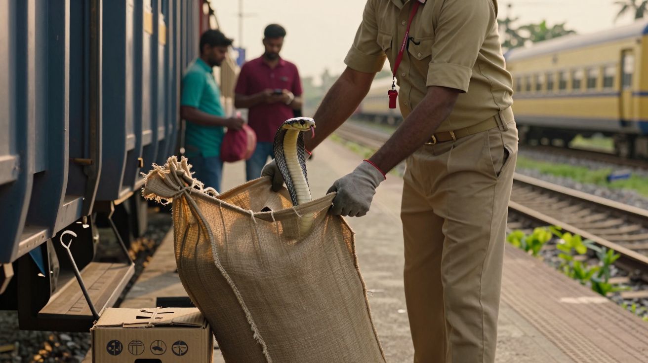 Funcionário junto a comboio segura saco de serapilheira com cobra a sair, enquanto duas pessoas observam.