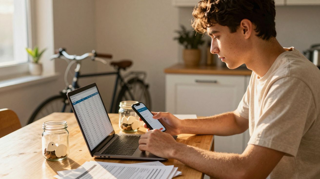 Jovem a trabalhar numa mesa, com portátil e telemóvel. Bicicleta ao fundo e frascos com moedas ao lado.