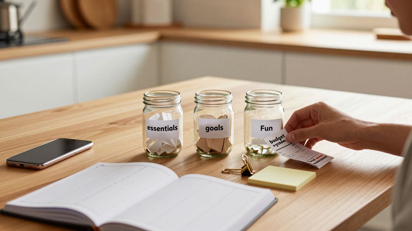 Três frascos com rótulos "essentials", "goals", "fun" numa mesa, ao lado de um caderno, telemóvel e notas adesivas.