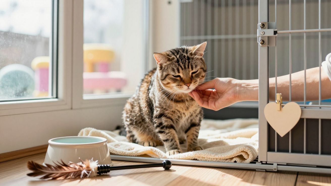 Gato tigrado recebe carinho sob luz solar junto a janela, próximo de uma gaiola aberta e uma tigela, brinquedo no chão.