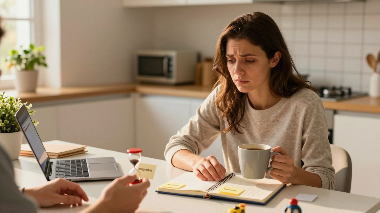 Mulher pensativa segura uma caneca enquanto olha para um caderno. Outra pessoa segura uma ampulheta.