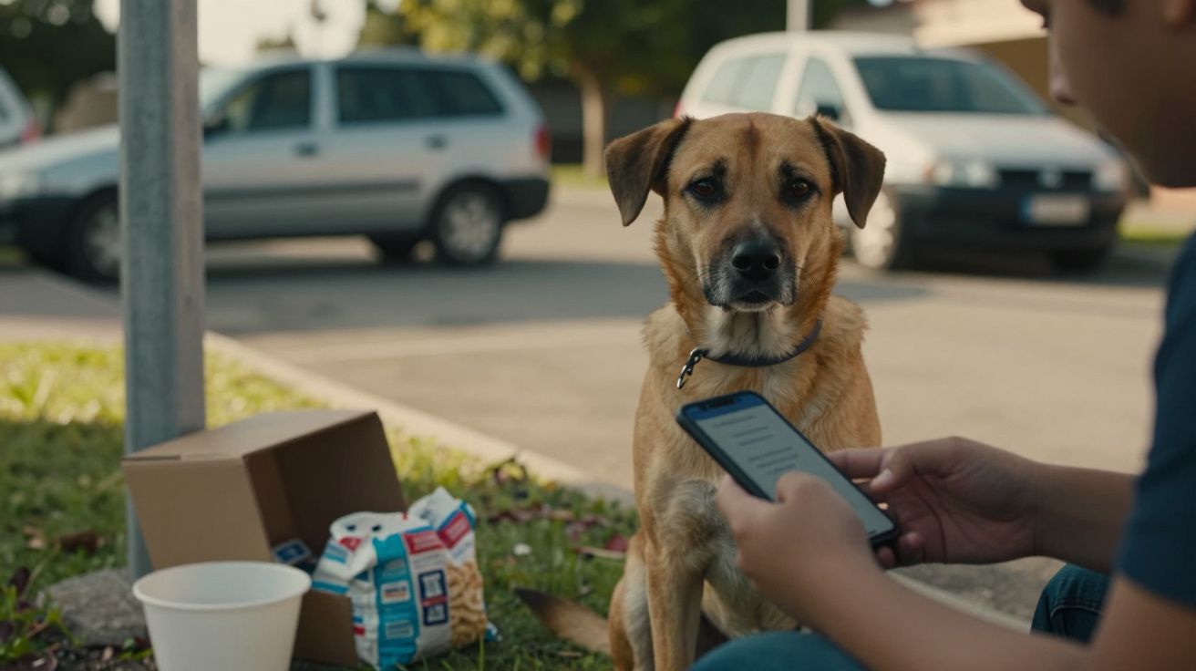 Cão castanho observa uma pessoa com telemóvel, ao lado de uma caixa aberta com pacotes de leite e um copo vazio.