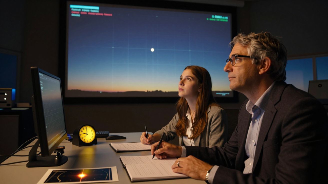 Dois cientistas observam um ecrã com dados astronómicos, numa sala escura, enquanto tomam notas.