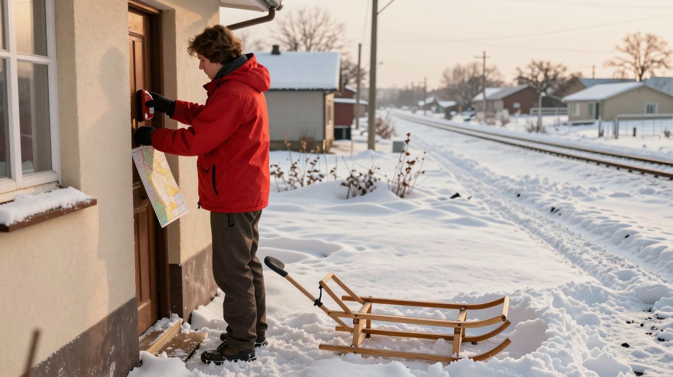 Homem de casaco vermelho lê um mapa na porta de uma casa coberta de neve, com um trenó ao lado.