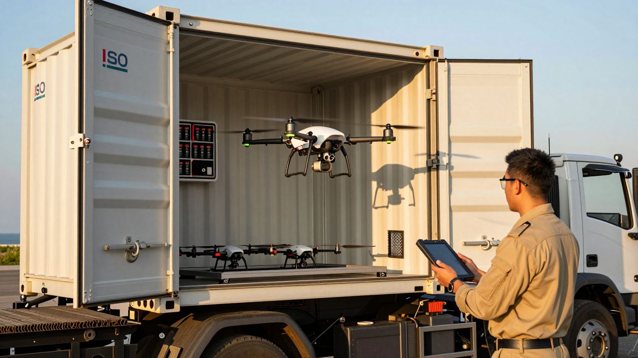 Homem a operar drone a partir de um contentor aberto num camião com um tablet na mão.