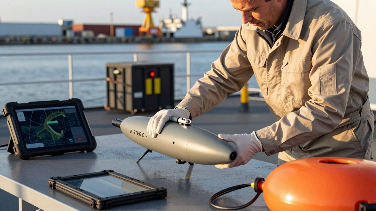 Homem manipulando dispositivo subaquático numa embarcação, com tablet ao lado, num cenário portuário.