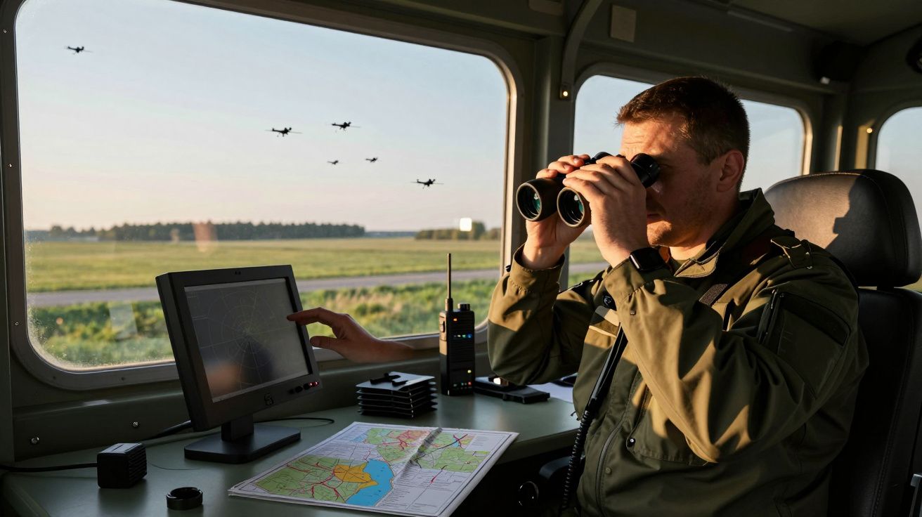 Homem com binóculos observa drones voando, enquanto opera computador com mapas num veículo de vigilância.