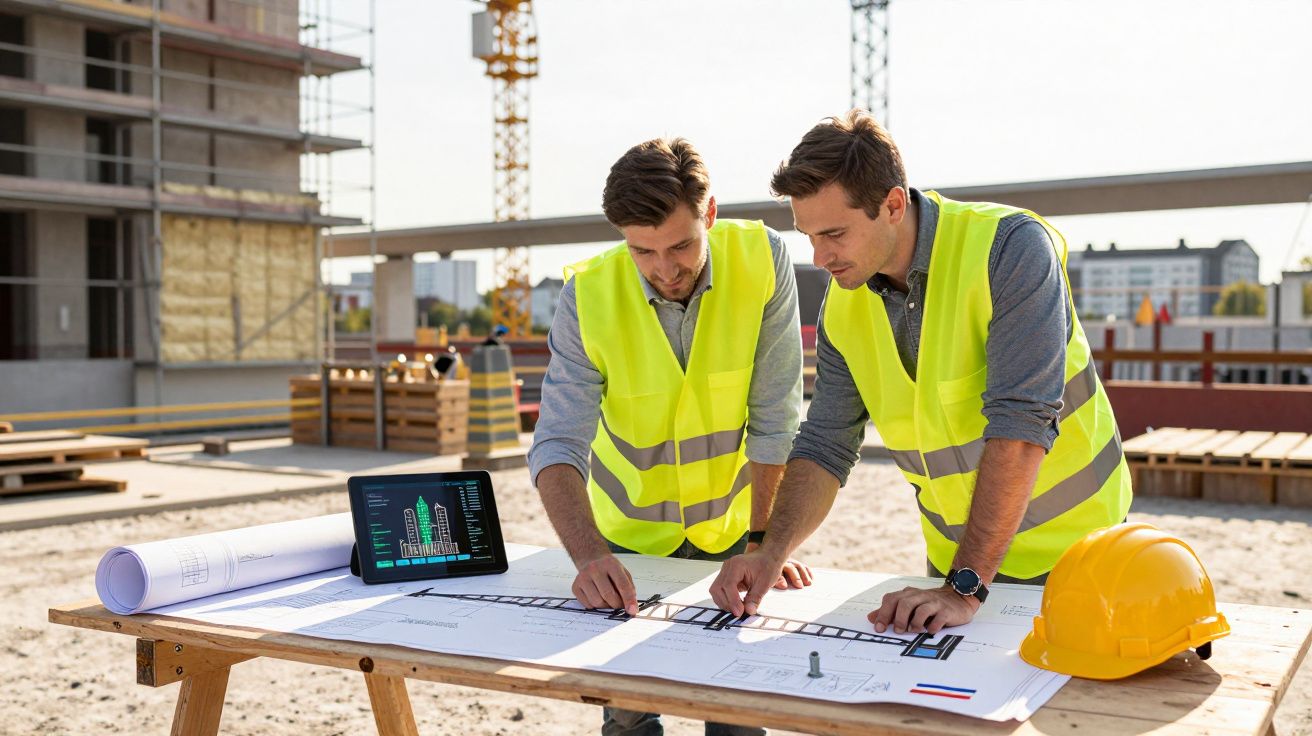 Dois engenheiros de colete refletor analisam plantas numa obra, com um tablet e capacete amarelo sobre a mesa.