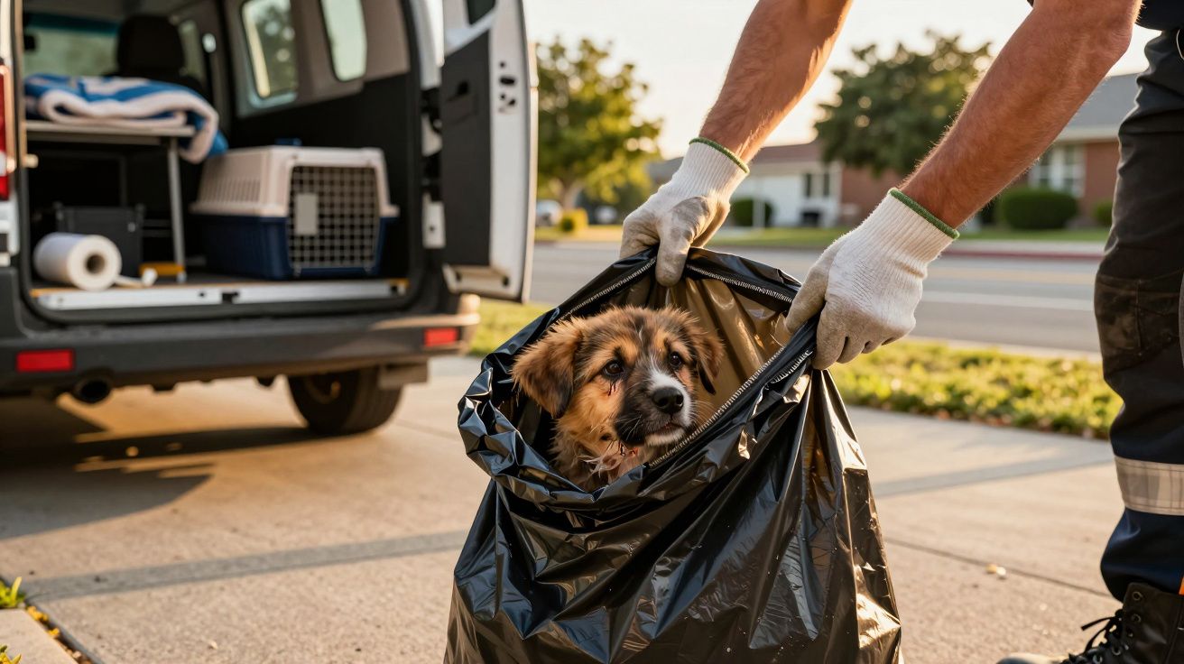 Cachorro num saco de lixo, homem com luvas segurando. Carrinha aberta em segundo plano na rua.