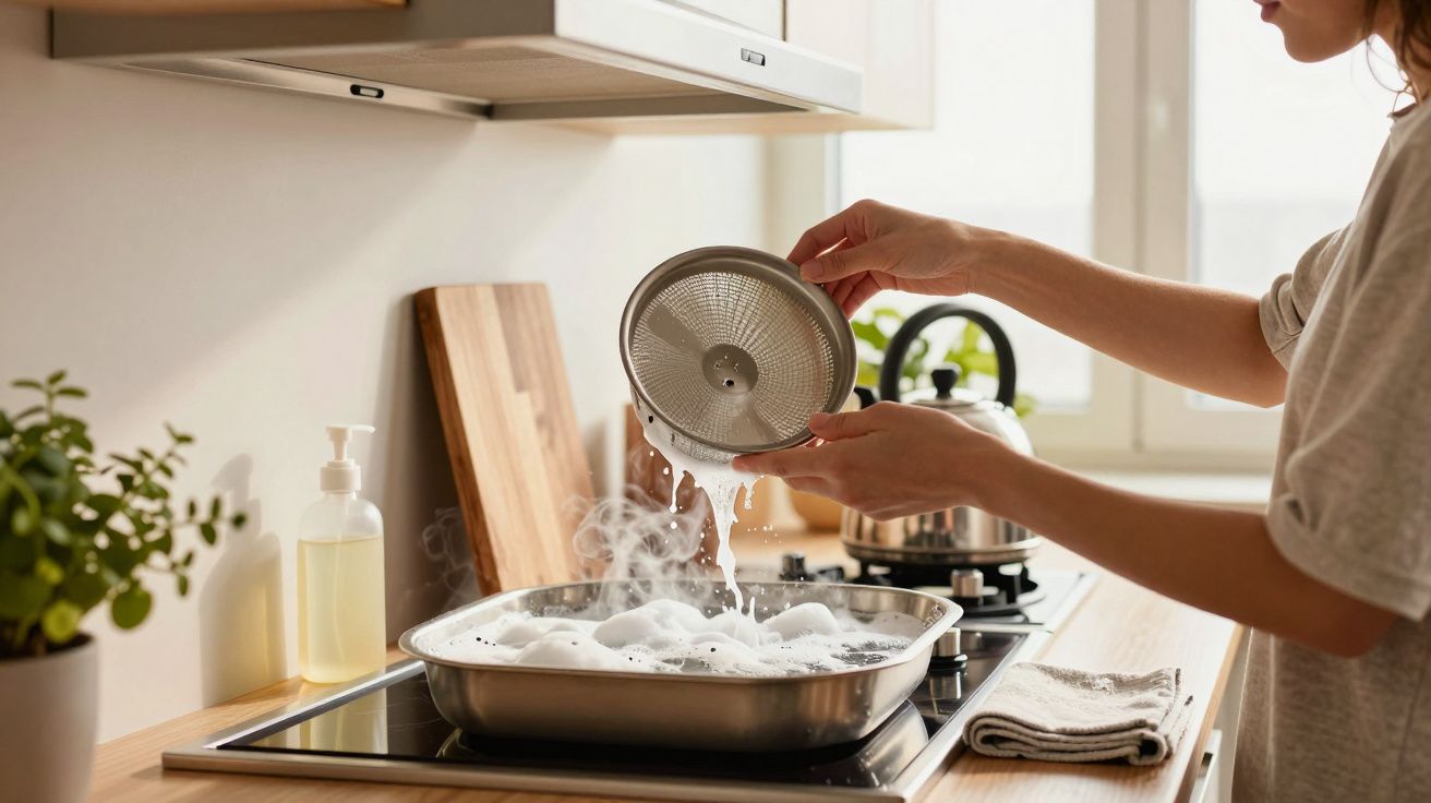 Pessoa lava utensílios de cozinha numa bancada, com sabão e espuma, ao lado de plantas e utensílios.