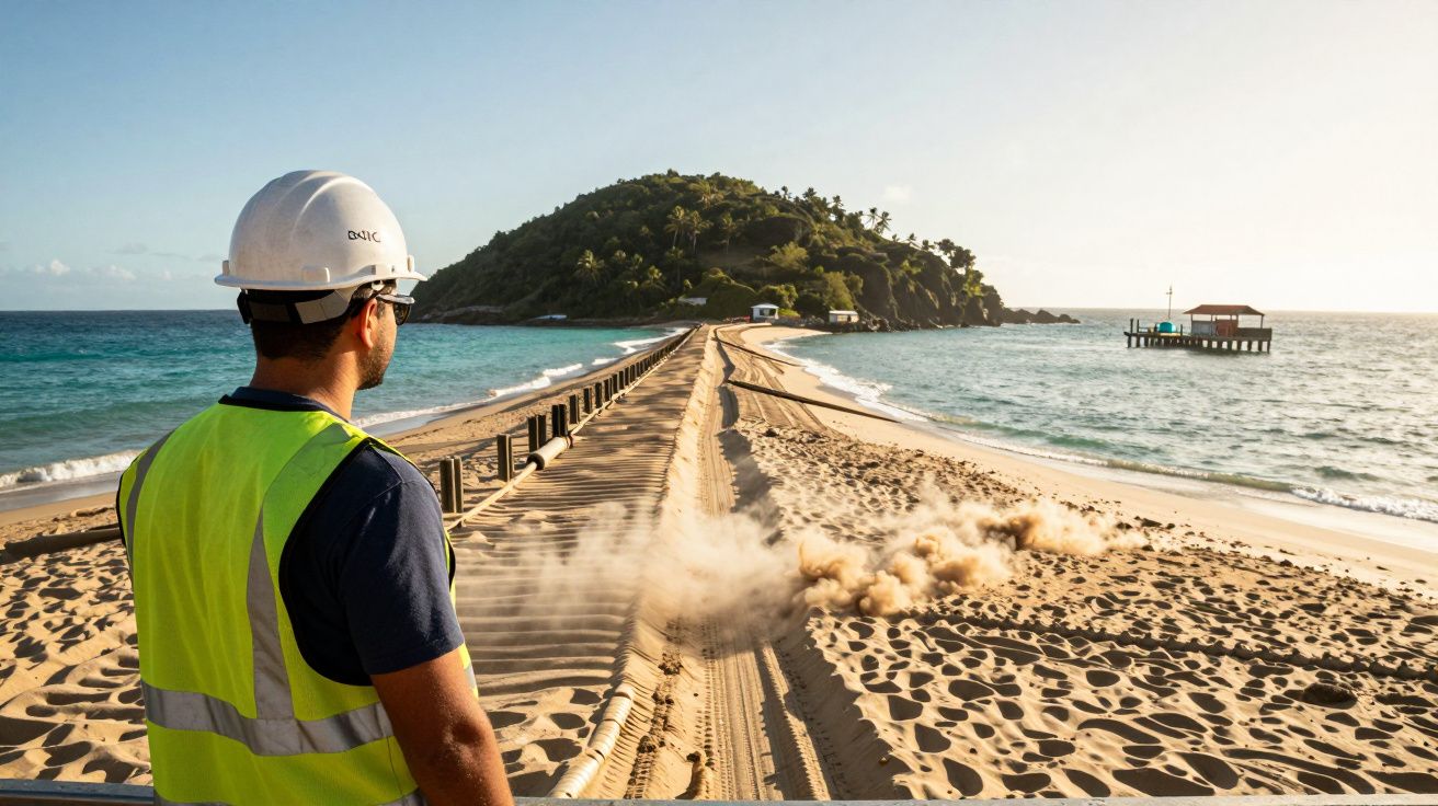 Homem com capacete e colete reflete sobre construção em passadiço arenoso ao pôr do sol, ilha ao fundo.