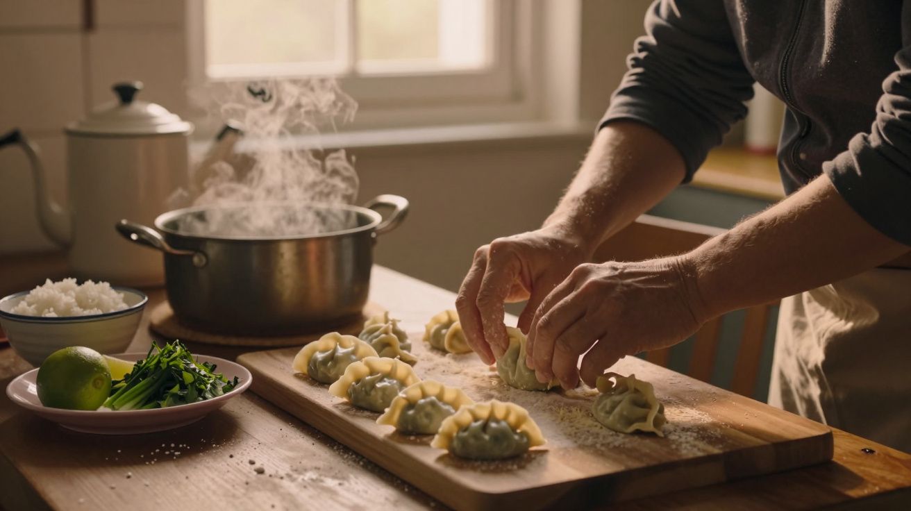 Pessoa a preparar dumplings numa cozinha, com panela ao lume e ingredientes ao lado.