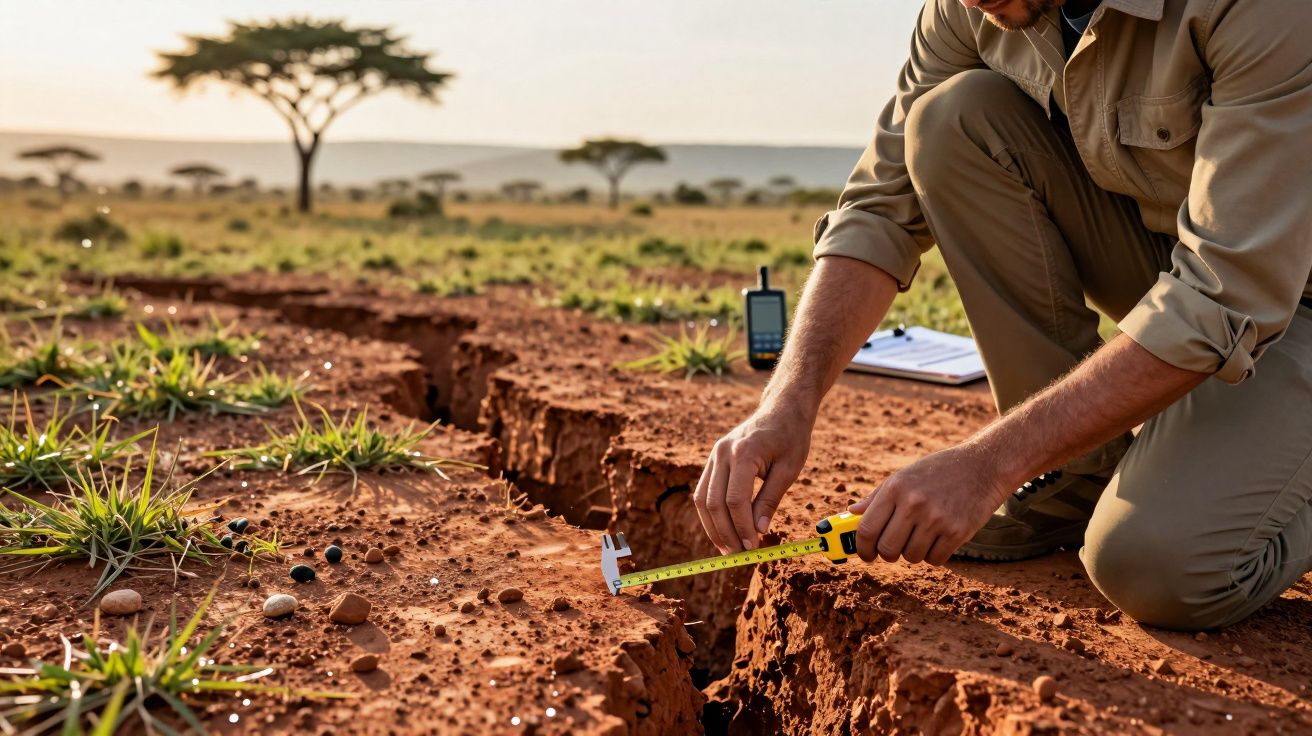 Homem mede fenda no solo seco com um paquímetro num campo, com vegetação rasteira e árvores ao fundo.