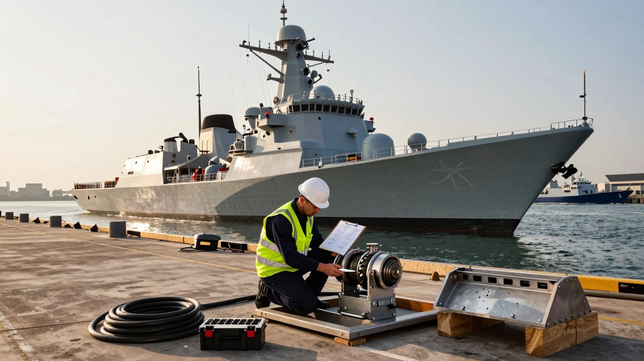 Homem com colete e capacete inspeciona equipamento no cais, com navio militar atracado ao fundo.