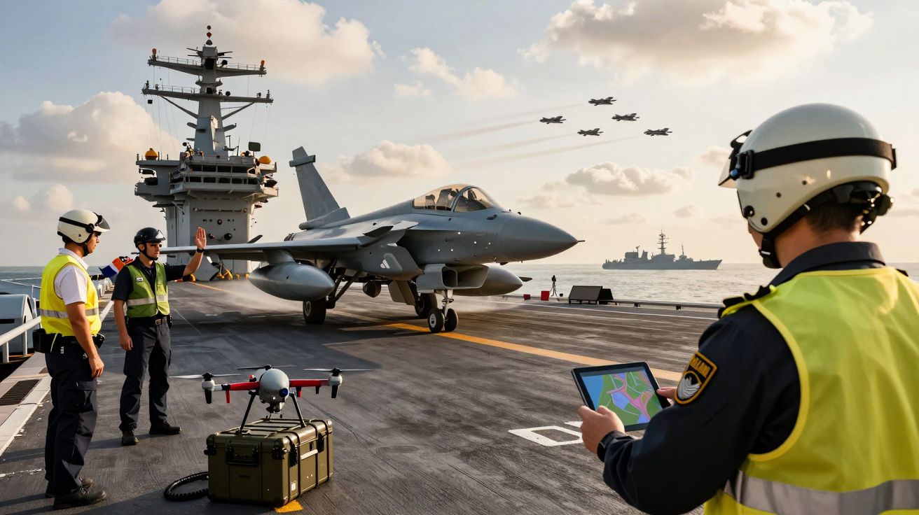 Aviões de combate no convés de um porta-aviões, com pessoal militar a coordenar operações e um drone no chão.