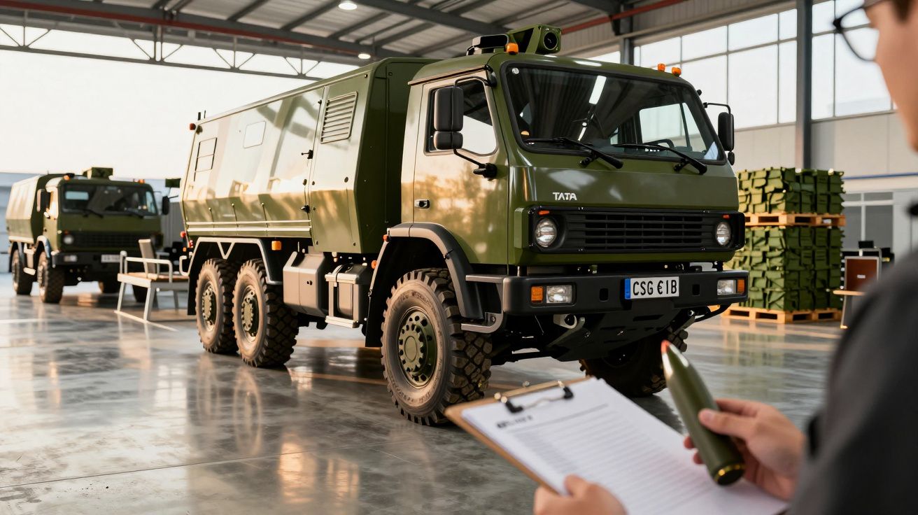 Camião militar verde numa garagem, pessoa segura prancheta e objeto cilíndrico em primeiro plano.