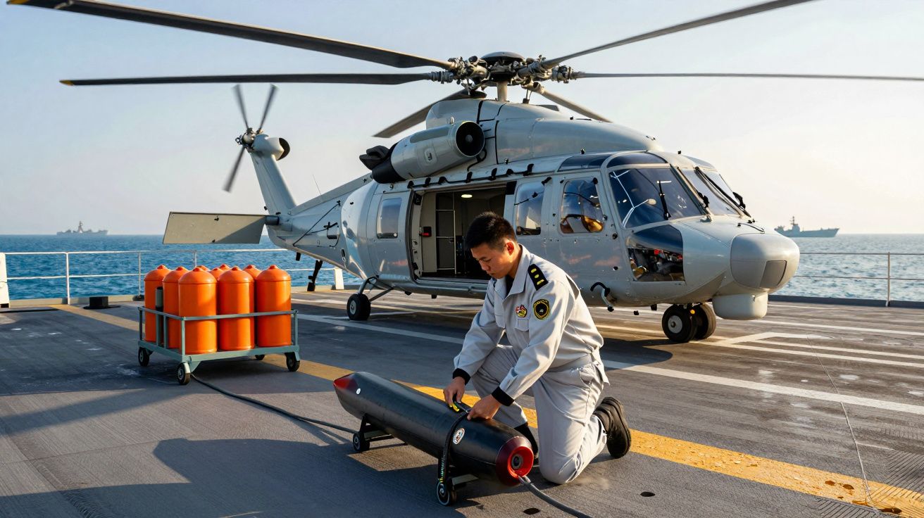 Militar prepara equipamento em convés de porta-helicópteros com helicóptero cinza ao fundo. Mar ao redor.