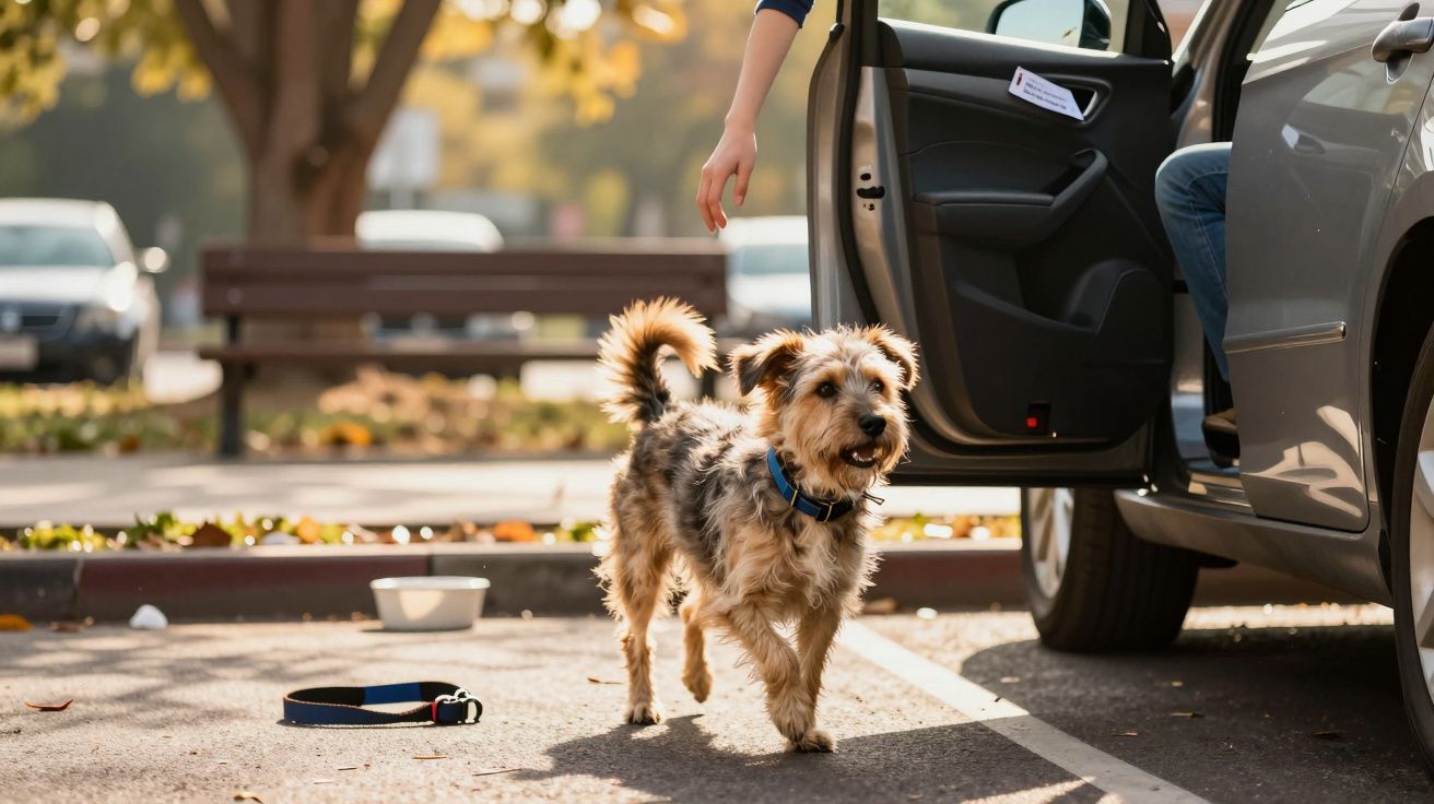 Cão peludo sentado no parque, junto a um carro com a porta aberta e uma trela no chão.