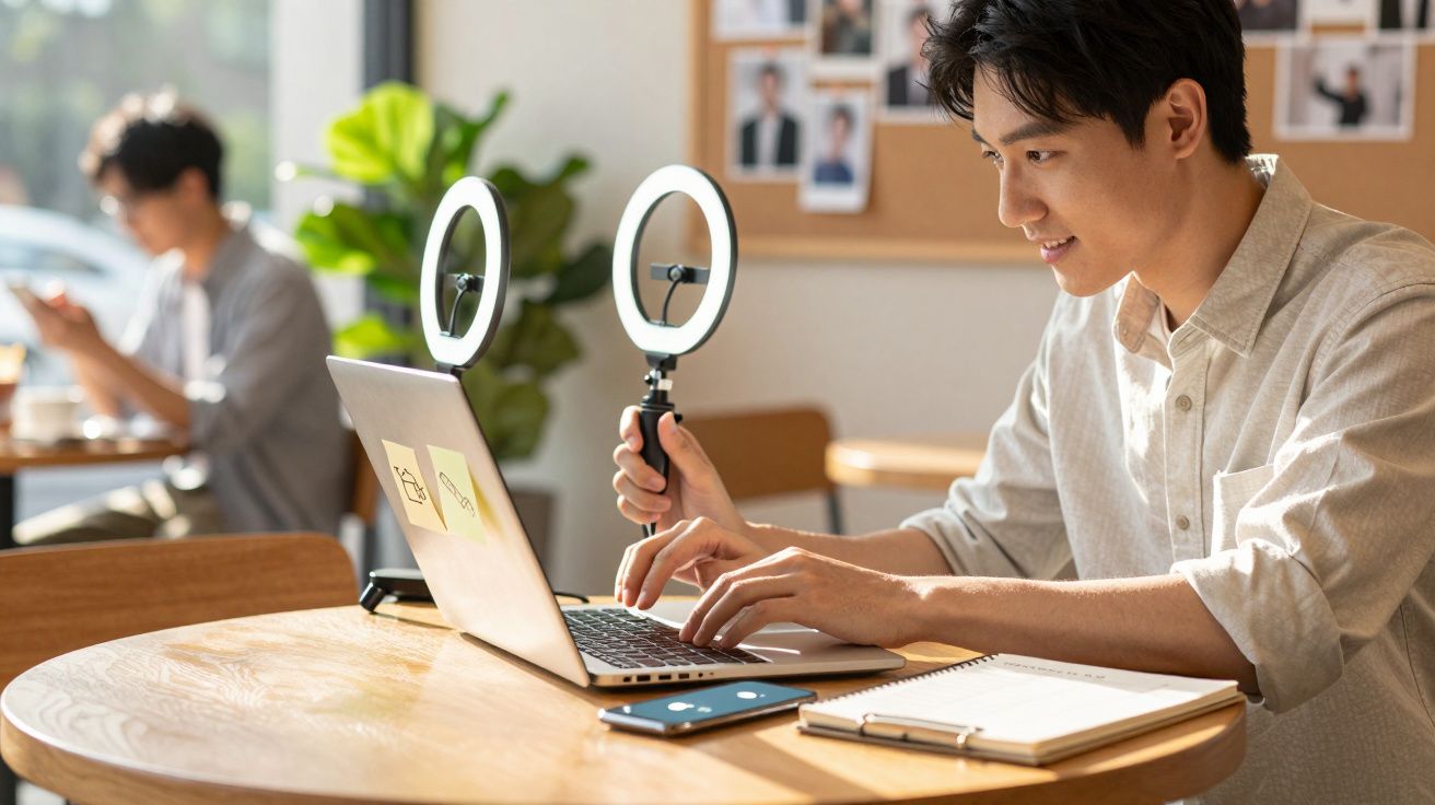 Homem trabalha no portátil com luzes de anel, numa mesa de café, enquanto outra pessoa está ao fundo.