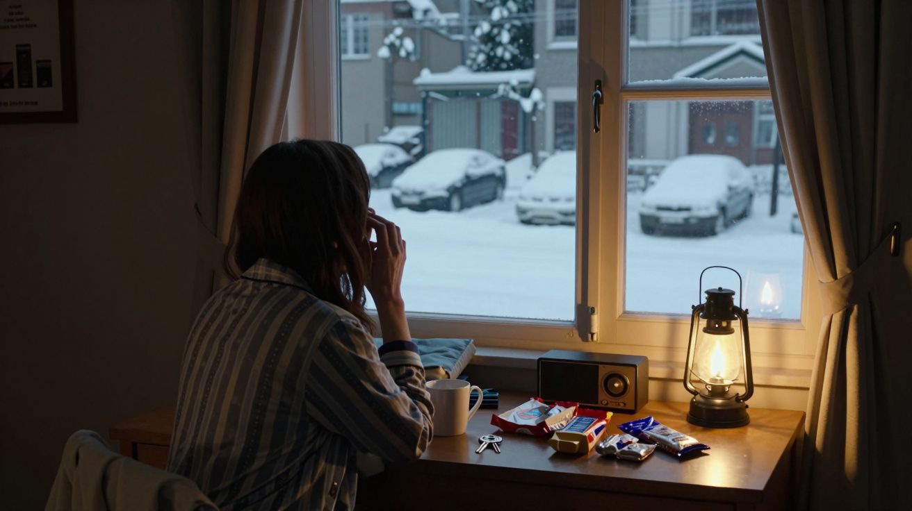 Mulher à janela, olhando a rua coberta de neve, com chávena e lanterna sobre a mesa.