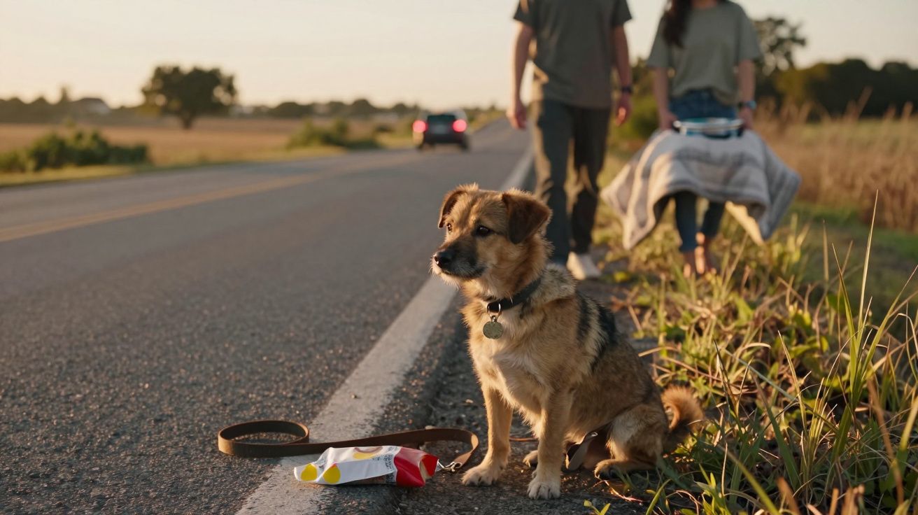 Cão sentado na berma de uma estrada rural com trela e saco de comida, enquanto duas pessoas ao fundo caminham.