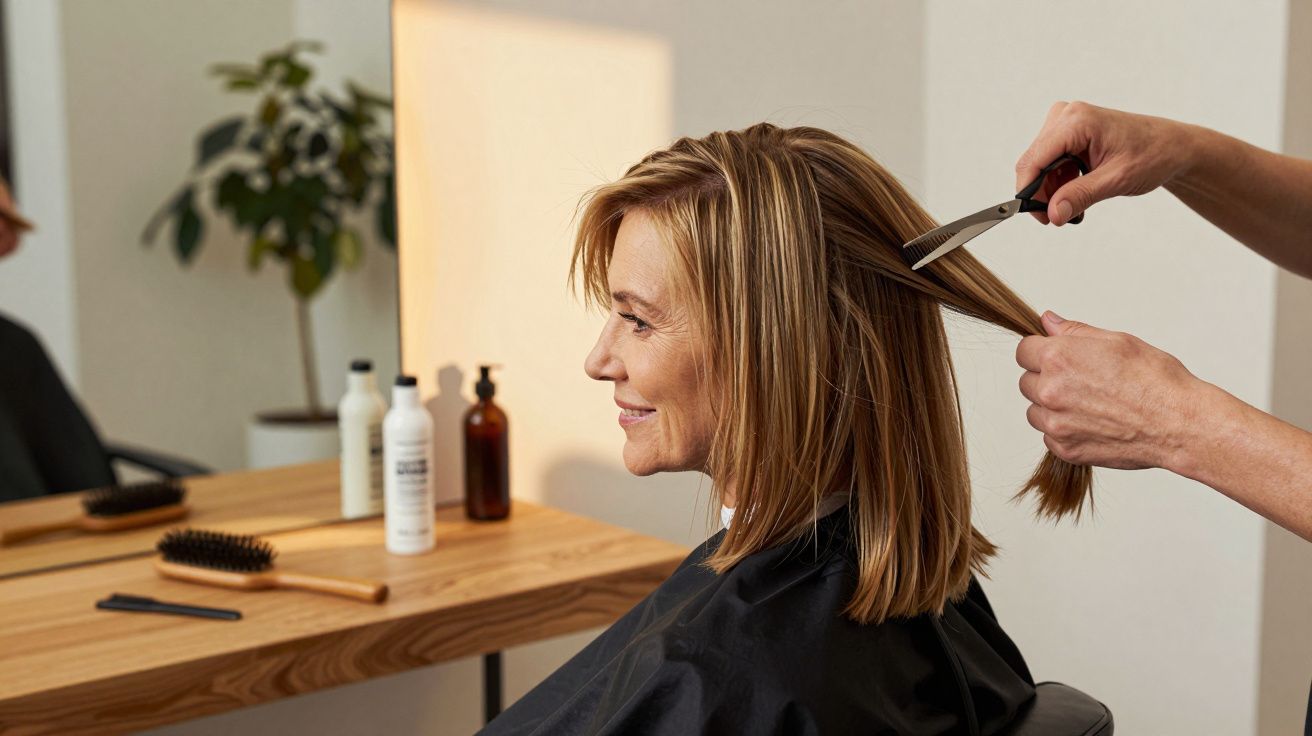 Mulher sorrindo no cabeleireiro enquanto alguém corta o seu cabelo loiro, com produtos na mesa ao lado.