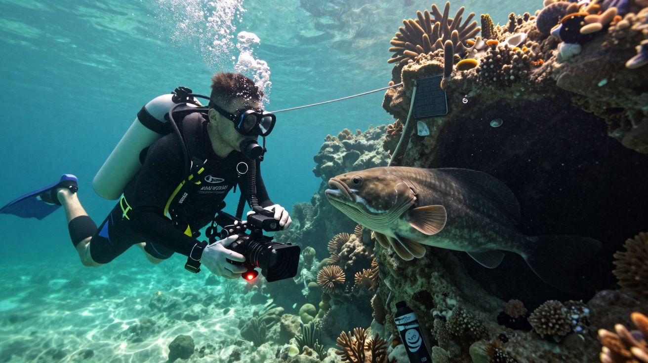 Mergulhador fotografa um grande peixe ao lado de um recife de coral subaquático iluminado pelo sol.