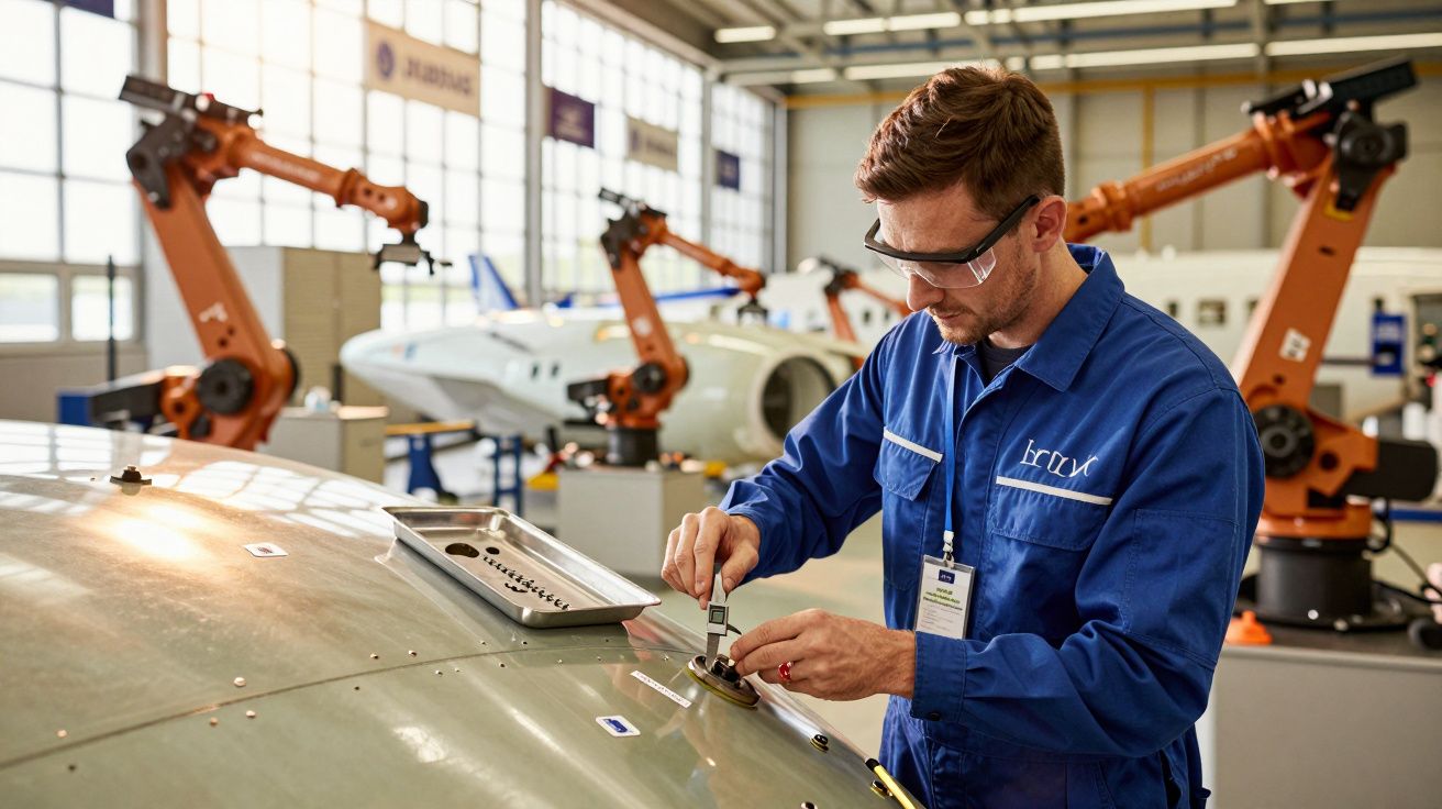Técnico inspeciona peça de avião em fábrica automatizada com braços robóticos ao fundo.