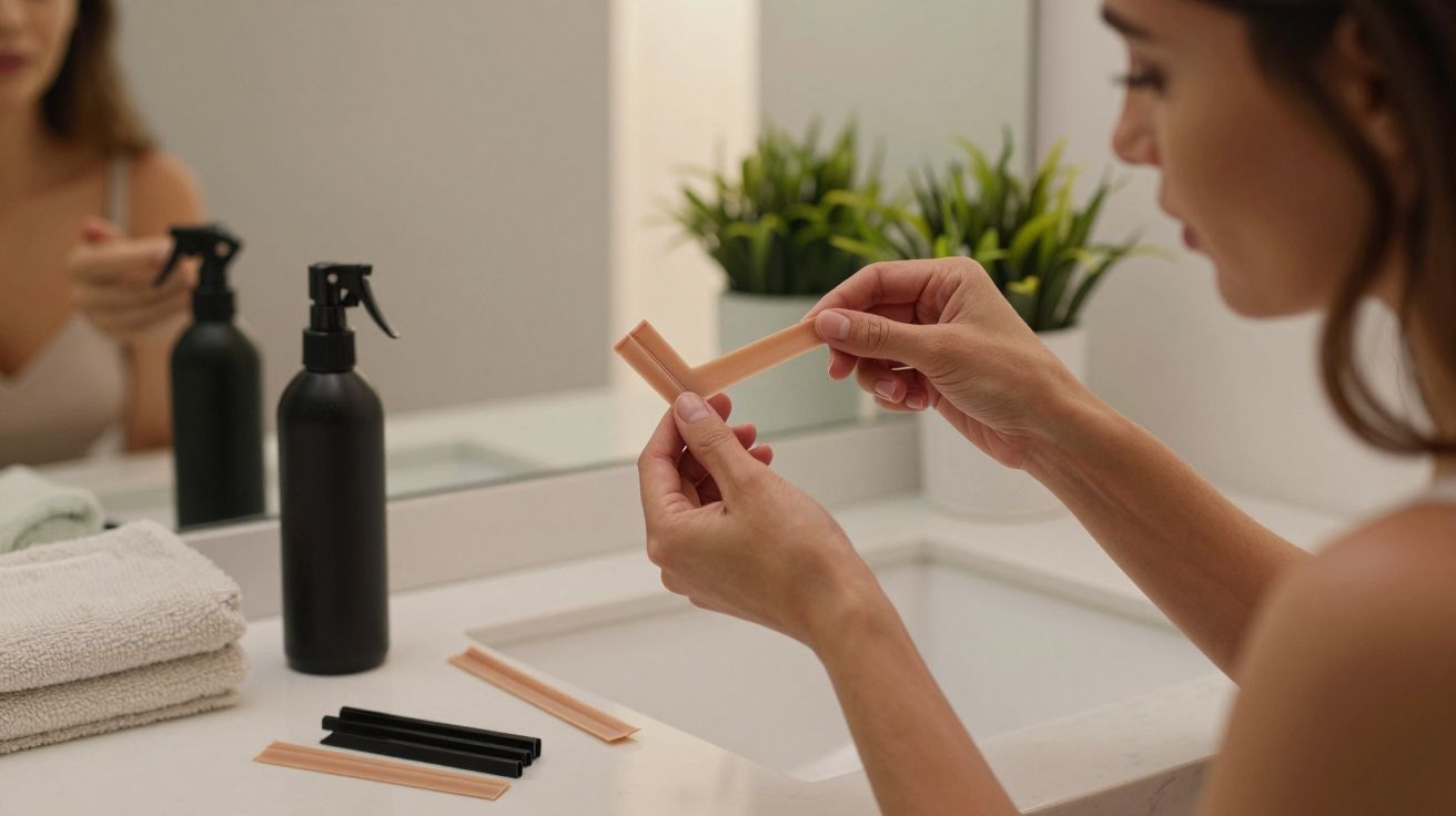 Mulher segurando tira de cera depilatória frente ao espelho na casa de banho, com toalhas e spray ao lado.