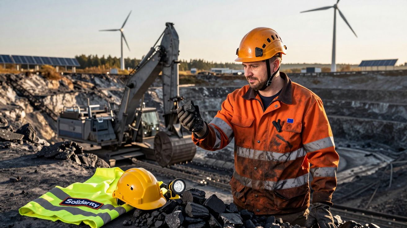 Trabalhador de construção com capacete e colete laranja em mina a céu aberto, com turbinas eólicas ao fundo.