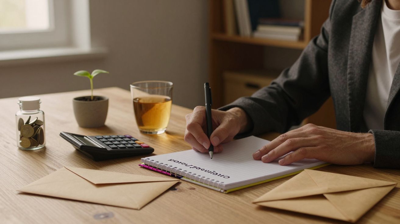 Pessoa escreve em bloco de notas numa secretária com chávena, planta, moedas e calculadora.