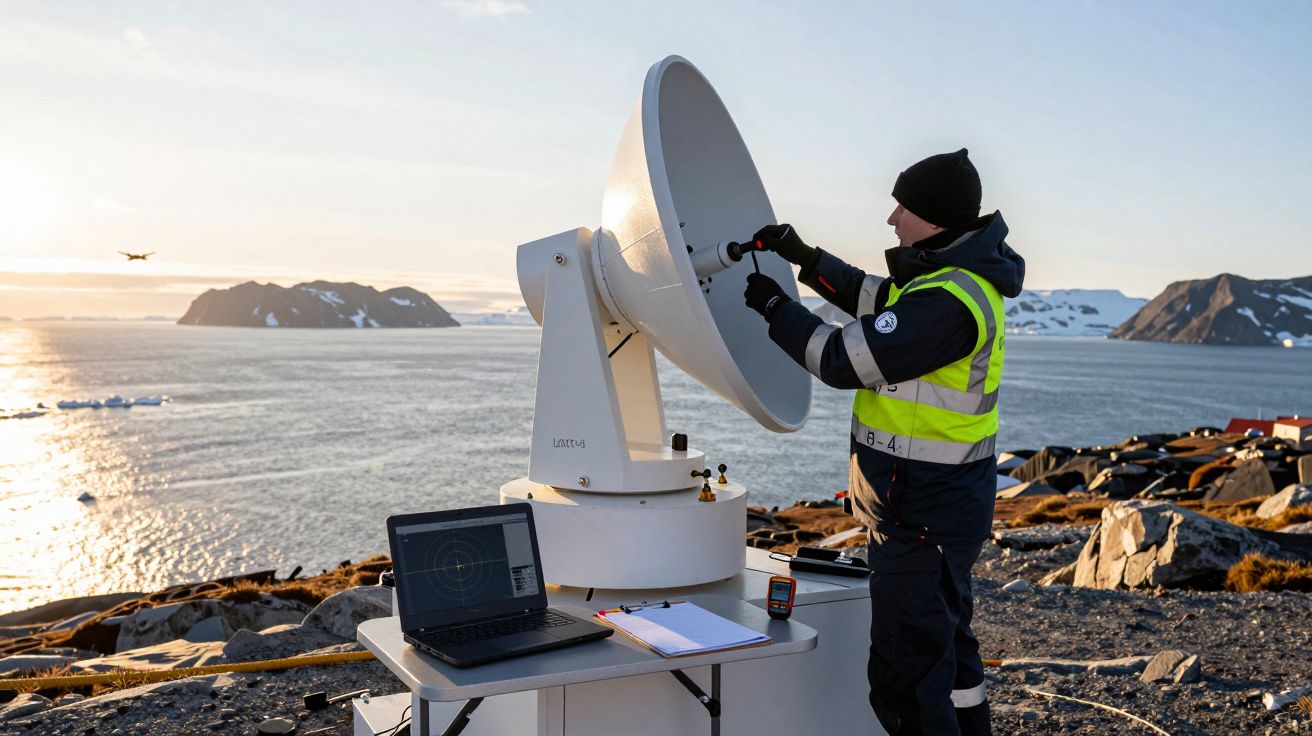 Técnico ajusta antena parabólica numa paisagem ártica, com laptop sobre mesa e sol ao fundo.