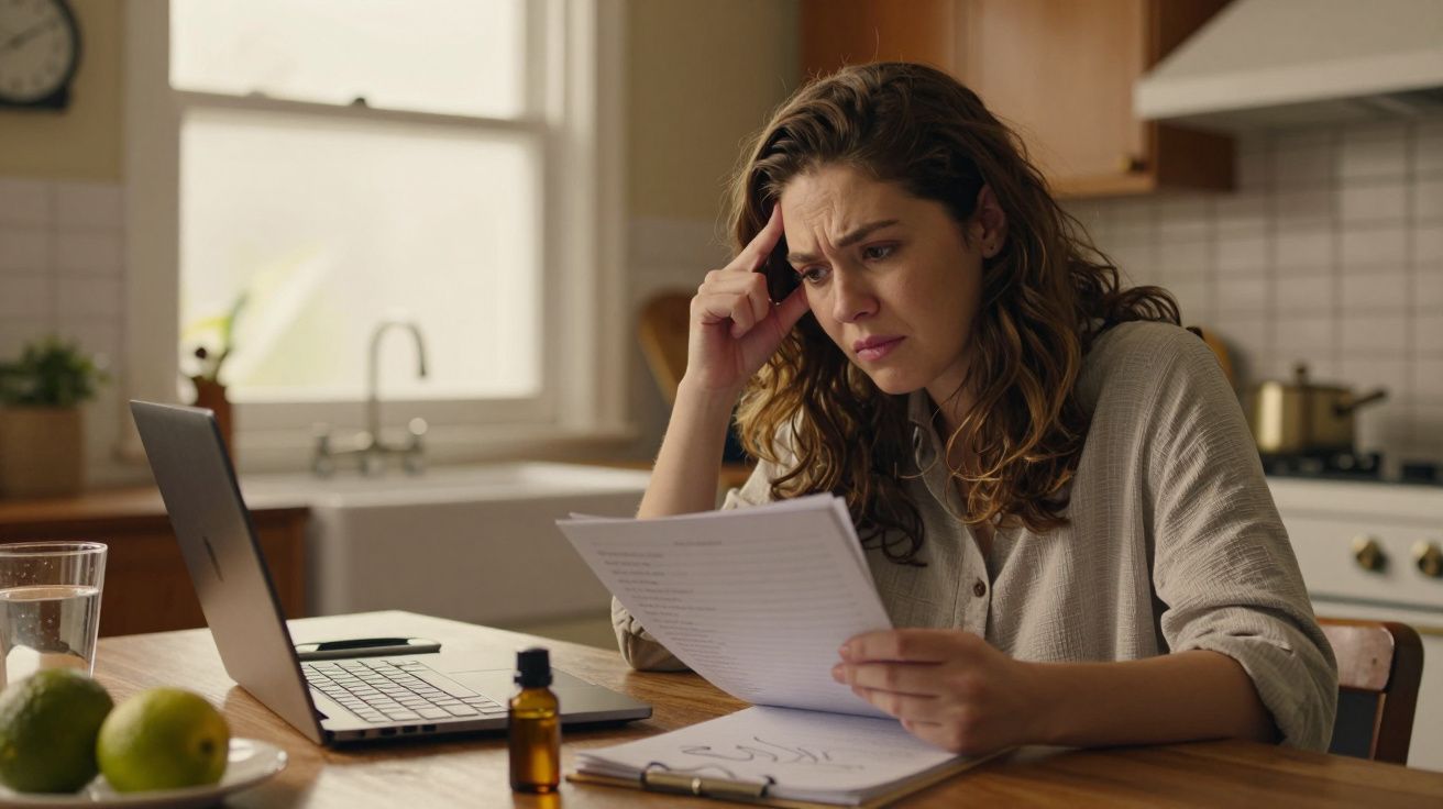 Mulher preocupada a analisar documentos na cozinha, com um portátil, limões e um frasco pequeno na mesa.