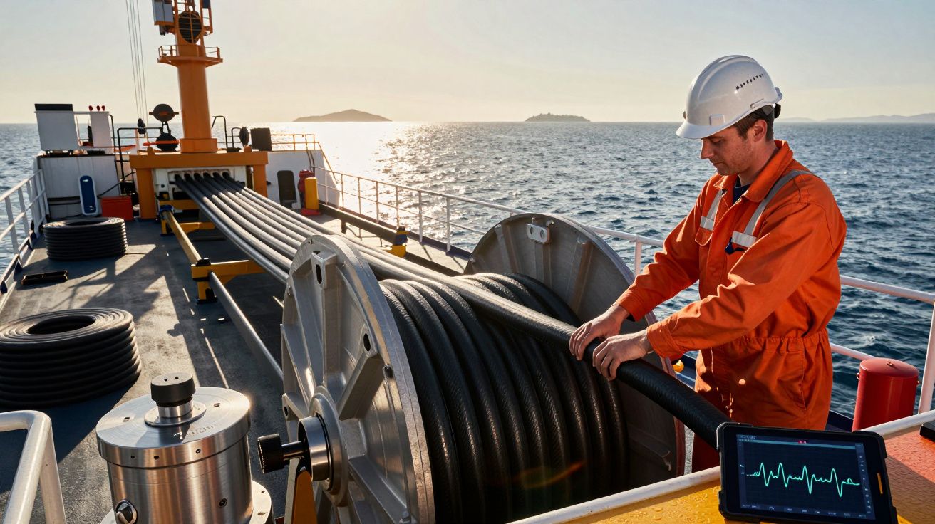 Trabalhador de capacete e fato de proteção manuseia cabo num navio em alto-mar ao pôr do sol.