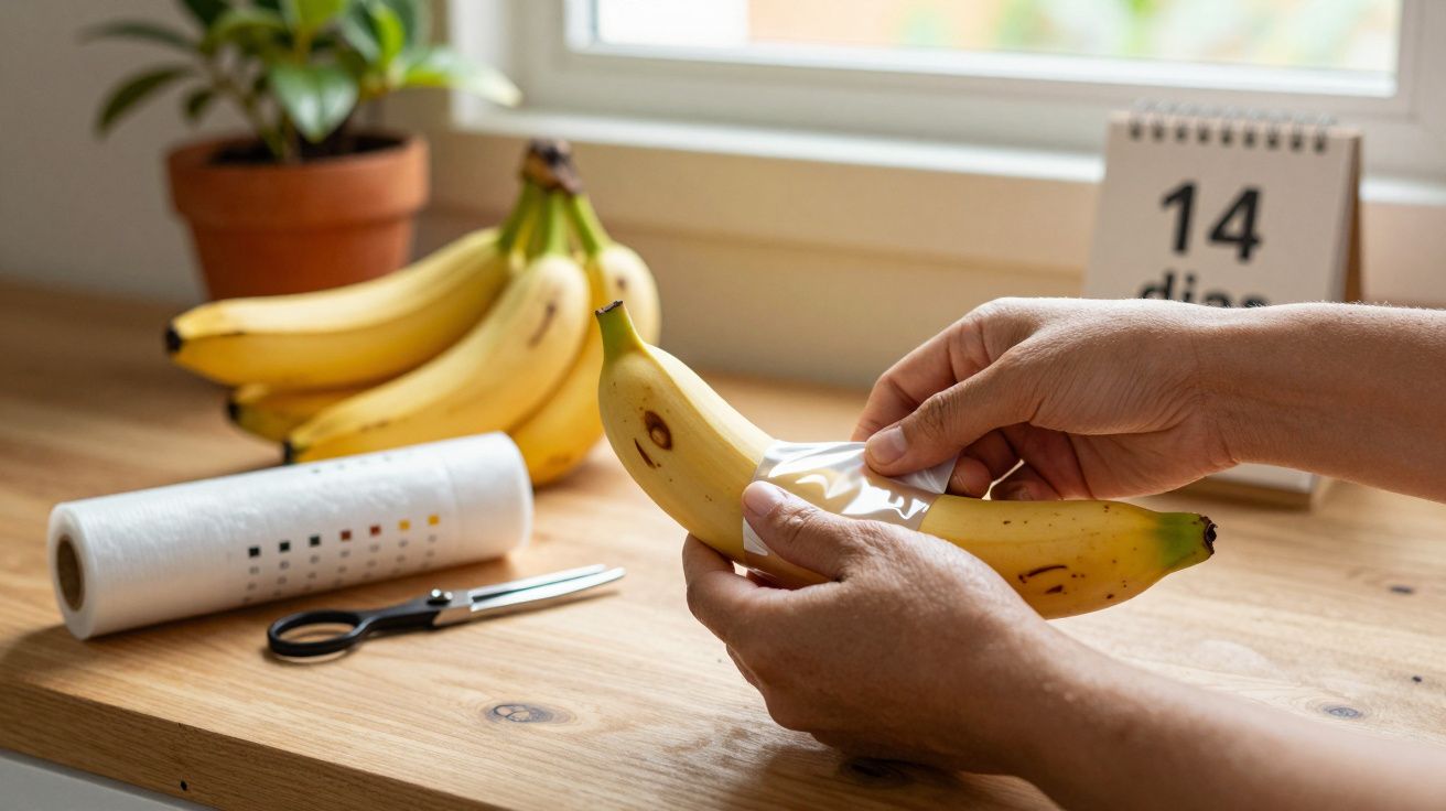 Pessoa a colocar um autocolante numa banana madura sobre uma bancada de madeira, com bananas ao fundo.