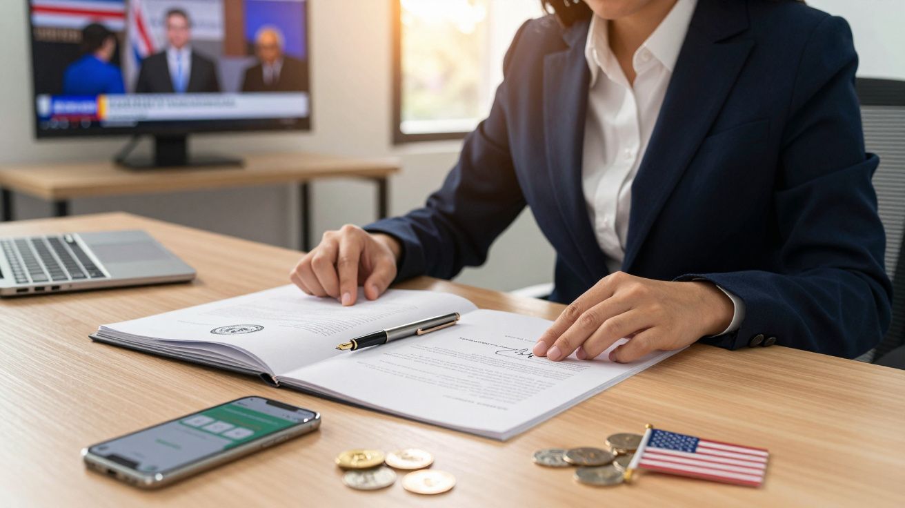 Mulher de fato revê documentos na mesa com moedas, bandeira dos EUA, telemóvel e laptop, TV ao fundo.