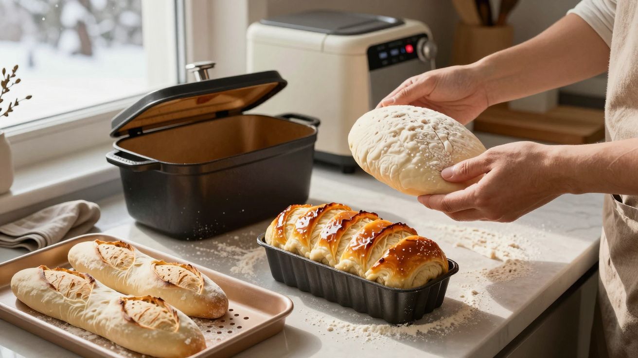 Pessoa a preparar pão fresco na cozinha, com pães acabados de cozer em formas sobre o balcão.