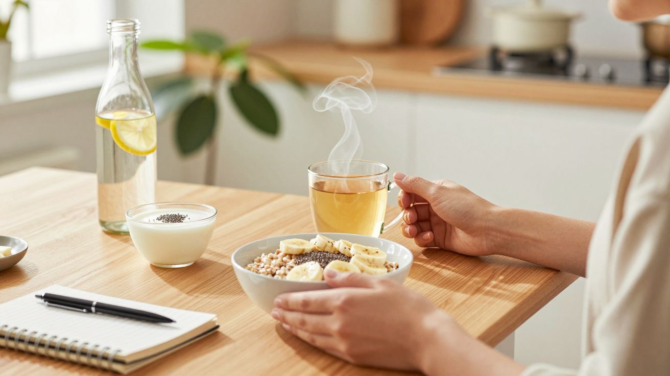 Pessoa segura chá ao lado de tigela com cereais e banana, iogurte e água em mesa de madeira. Bloco de notas e caneta à esquer