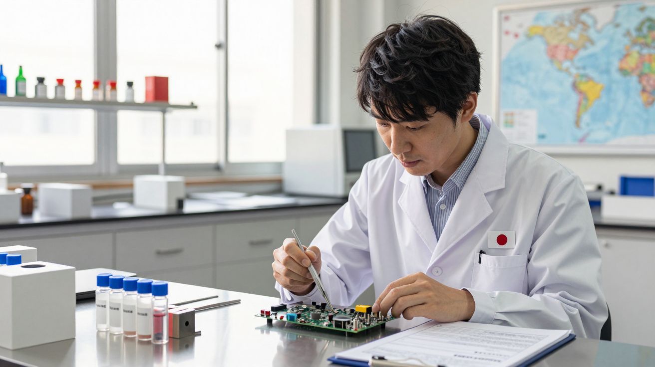 Cientista de bata branca trabalha num laboratório com componentes eletrónicos em cima da mesa.