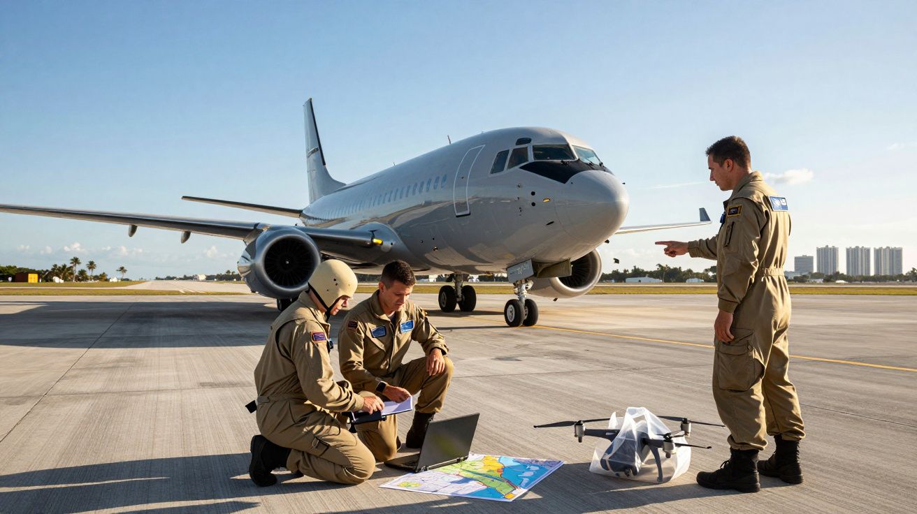 Três militares analisam mapas e um drone em frente a um avião cinza numa pista de aeroporto.