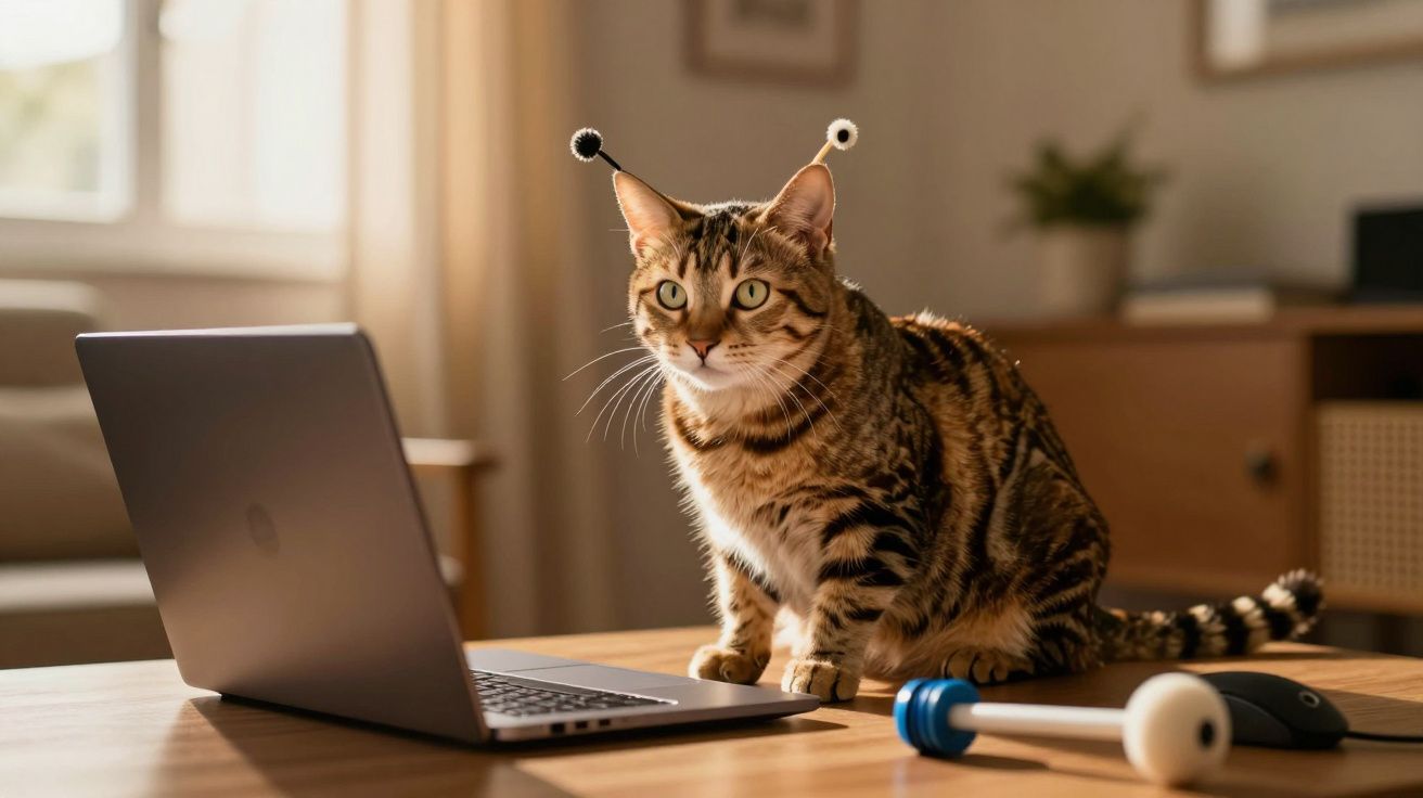 Gato com antenas na cabeça sentado junto a um portátil numa mesa de madeira, luz suave entrando pela janela.