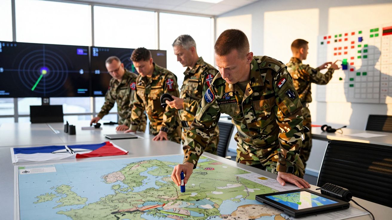 Militares analisam mapa estratégico numa sala de operações, com ecrãs e equipamentos tecnológicos ao fundo.