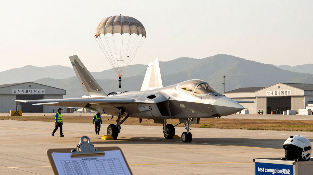 Avião de combate pousado com paraquedas na pista, cercado por pessoal de segurança usando coletes refletivos.