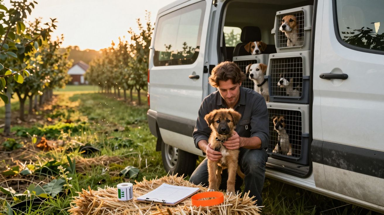 Homem com cachorro ao lado de uma carrinha cheia de caixas de transporte caninas num pomar ao pôr do sol.