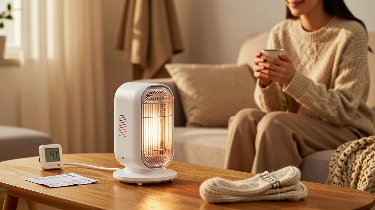 Mulher sentada em sofá com chá. Aquecedor elétrico e termómetro numa mesa de madeira. Ambiente acolhedor.
