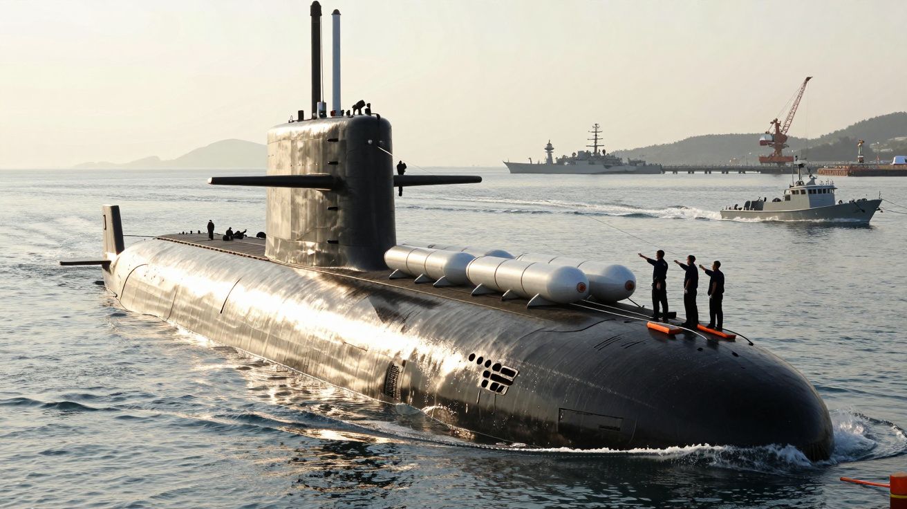 Submarino em mar aberto com tripulação no convés, fundo com navios e guindaste.