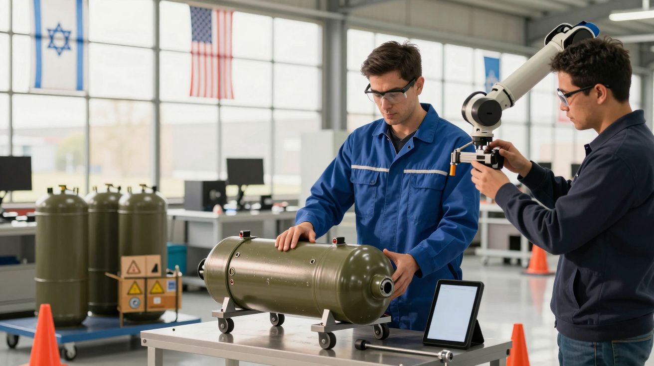 Dois técnicos inspecionam cilindro metálico numa fábrica, usando equipamento de medição. Banderas ao fundo.