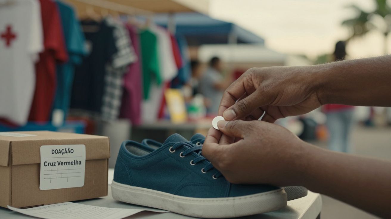 Pessoa coloca etiqueta em sapato azul perto de caixa de doação da Cruz Vermelha. Fundo com roupas em cabide.