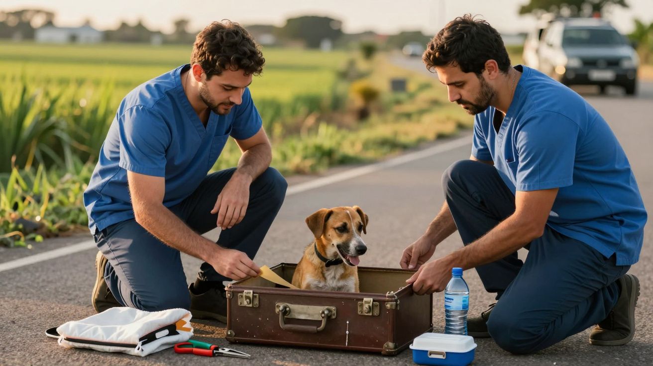 Dois homens de uniforme azul cuidam de um cão dentro de uma mala aberta numa estrada rural.