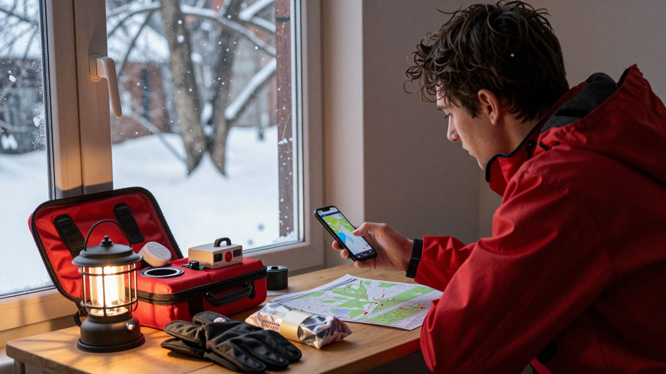 Homem em casaco vermelho usa smartphone com mapa em mesa, perto de janela com neve. Kit de emergência ao lado.